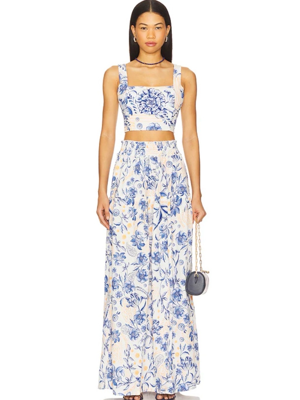 Agua Bendita Blue and Cream Floral Maxi Skirt